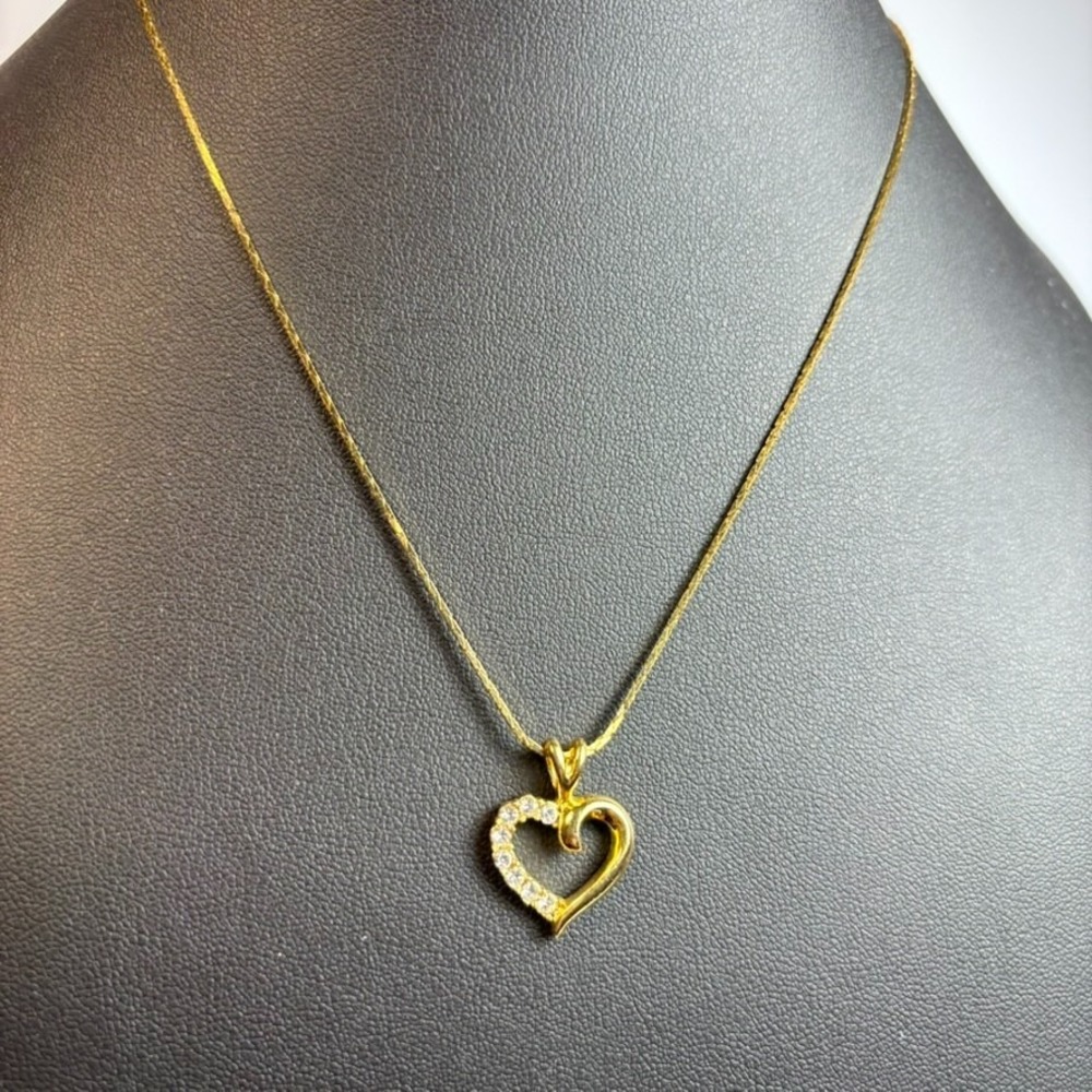 Heart Pendant Necklace Gold Tone Rhinestone Open Heart Charm 18 Inch Chain